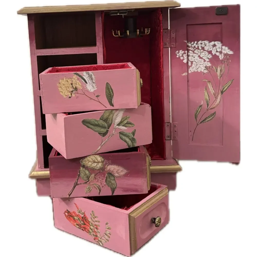 Upcycled Vintage Wooden Jewelry Box | Hand-Painted Dusty Pink & Maroon Ombre